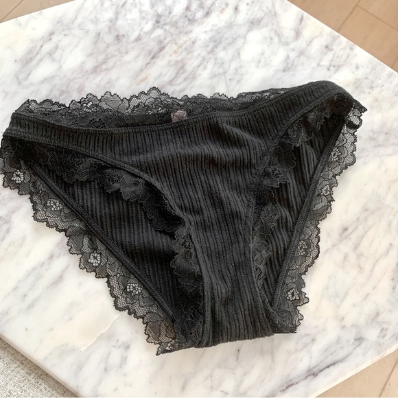 Black Ribbed Lace Trim Cotton Pointelle Bikini Panty - Picture 2 of 7